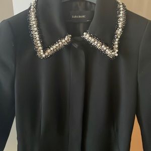 Stunning black Zara 3/4 length coat with pearls on collar.